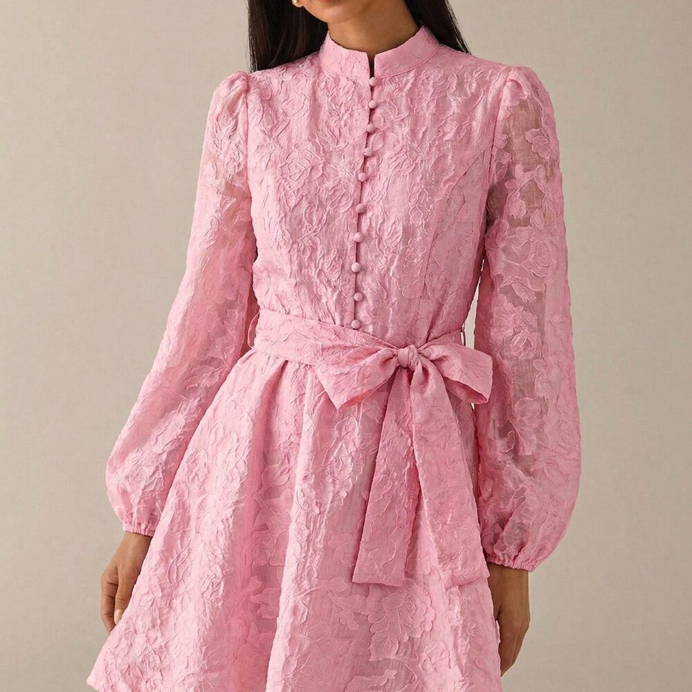 Pink Elegant Women's A-Line Short Dress with Cinched Waist, Puff Sleeves - Picture 5 of 7